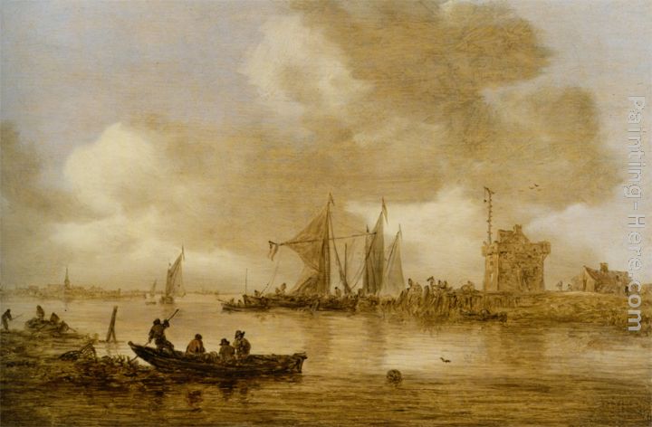 Jan van Goyen A river estuary with Dutch shipping and a Lighthouse